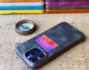 Black Leather Feather Light Snap On full cover case iPhone 16, 15, 14, 13, 12, 11, SE, X, 7, 8 Plus iPhone Card Holder, iPhone Slim Case