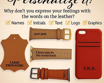 ¡Personalízalo! Servicio de personalización con grabado láser. Iniciales, nombres, logotipos, monogramas, formas, gráficos.