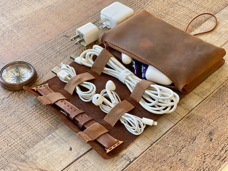 Leather Cable and Charger Organizer Bag, Handmade Cord organizer, Travel charger roll, Storage, Cord Roll, Travel case, Groomsmen Gift image 2