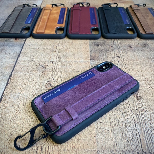 Purple Leather iPhone Grip Holder Case. iPhone 15, 14, 13, 12 11, X, XS MAX, XR, 8, 7, 6 Plus. iPhone Credit Card Holder Case with Wristlet
