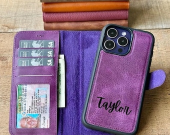 Funda tipo cartera de cuero personalizada para iPhone 17, 16, 15, 14, 13, 12, serie SE, funda tipo cartera compatible con MagSafe para iPhone, tarjetero, iPhone 17 E