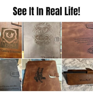 May include: A collection of brown leather cases and accessories, each with unique engraved designs. The items include a tablet case with a Cobra Kai logo, a case with a dog illustration, and a case with the name "Rachel". The text "See It In Real Life!" is at the top.