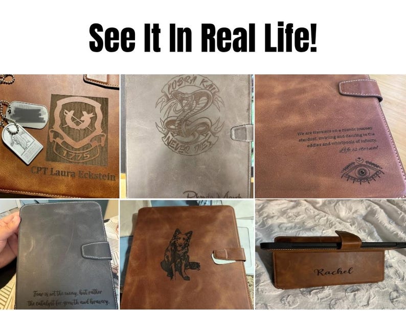 May include: A collection of brown leather cases and accessories, each with unique engraved designs. The items include a tablet case with a Cobra Kai logo, a case with a dog illustration, and a case with the name "Rachel". The text "See It In Real Life!" is at the top.