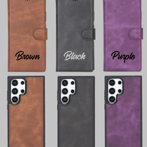 Puede incluir: Se muestran seis fundas para tel&eacute;fono en marr&oacute;n, negro y morado. La fila superior presenta fundas tipo folio con cierres magn&eacute;ticos, etiquetadas como "Brown", "Black" y "Purple". La fila inferior muestra fundas para tel&eacute;fono a juego con recortes para la c&aacute;mara.
