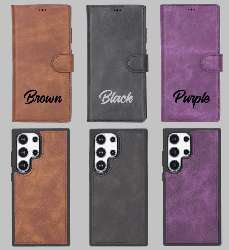 Puede incluir: Se muestran seis fundas para tel&eacute;fono en marr&oacute;n, negro y morado. La fila superior presenta fundas tipo folio con cierres magn&eacute;ticos, etiquetadas como "Brown", "Black" y "Purple". La fila inferior muestra fundas para tel&eacute;fono a juego con recortes para la c&aacute;mara.