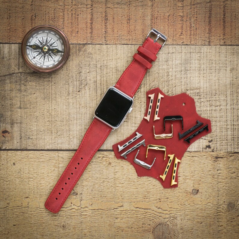 Genuine Red Leather Watch Band, Apple Watch Band 38, 40, 41, 42, 44, 45, 49 mm, Galaxy Fossil FitBit Watch Strap, Personalized iWatch Band image 4