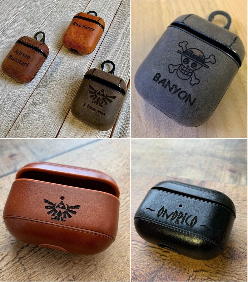 May include: A collection of leather earbud cases in various colors including tan, brown, and black. The cases feature custom laser-engraved text and graphics such as names, the text BANYON, ONDRICO, I love you, and symbols like a skull and triforce.
