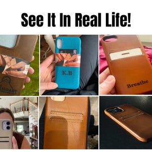 Peut inclure: Un collage de six coques de t&eacute;l&eacute;phone de diff&eacute;rentes couleurs, dont marron, beige et bleu, avec des fentes pour cartes int&eacute;gr&eacute;es au dos. Certaines coques affichent du texte personnalis&eacute; comme 'Breathe' ou 'K.B.' et un logo 'LEGENDARY'. Le titre indique 'See It In Real Life!'