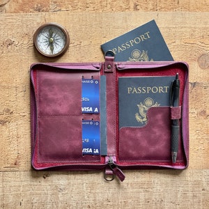 Antic Purple Leather Passport Cover, Zipped Bi-fold Passport Holder, Personalized Passport Wallet, Travel Wallet, Secured Passport Bag