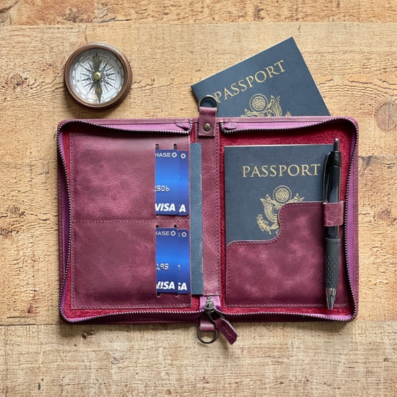 Antic Purple Leather Passport Cover Zipped Bi fold Passport
