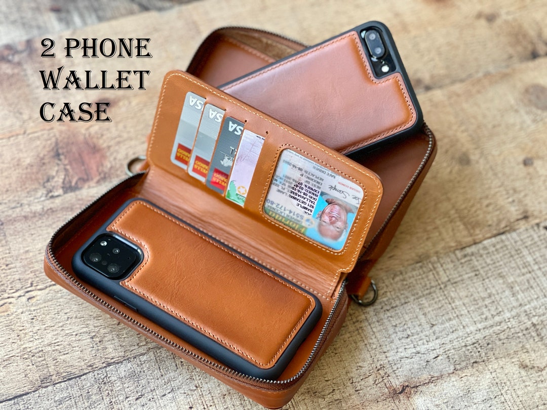 Leather Dual Phone Case, Leather Double iPhone Case, Case Holds Two Phones,  2 Iphone, 2 Samsung Phone Case, Crossbody Double Decker