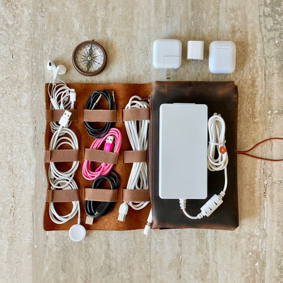 Leather Cable and Charger Organizer Bag, Handmade Cord Organizer