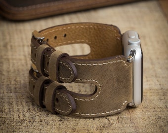 Antic Brown Leather Watch Strap, Double Watch Band, Custom Apple Watch Band 38, 40, 41, 42, 44, 45, 49 mm, Galaxy FitBit Fossil Pixel iWatch