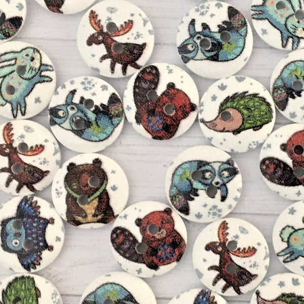 15mm FOREST ANIMAL THEME Buttons X 10, Cute little forest animal  buttons, Autumnal buttons, Animal Wooden buttons, Cute woodland  buttons.
