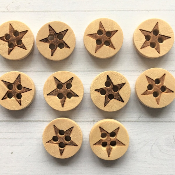 12mm WOODEN STAR PRINT 4 hole buttons x 10, Natural colour wooden buttons, Star buttons, Star print button decorations, Star design buttons.