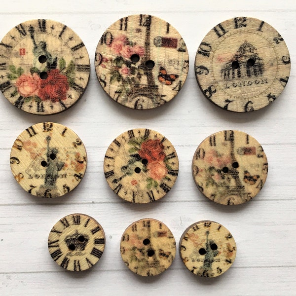 15/20/25mm VINTAGE STYLE wooden clock buttons, Round vintage design buttons, Shabby chic style buttons, clock design buttons.