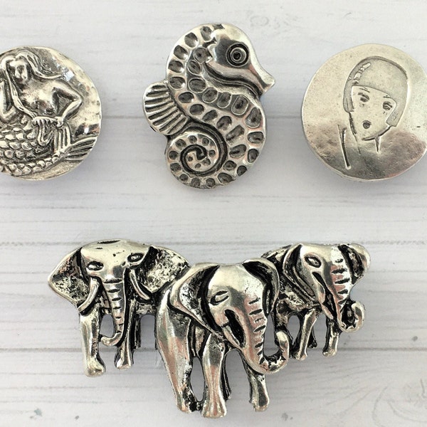 METAL SILVER TONE buttons, Mermaid buttons, Seahorse buttons, 1920's lady buttons, elephant buttons, coat/jacket buttons, jewellery making.