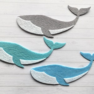 3 x baleines en feutre, découpes en feutre de baleine, découpes en feutre de baleine, décoration de carte en feutre de baleine, formes d'appliques de baleine.