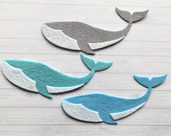 3 x FELT WHALES, felt whale die cuts, whale felt die cuts, whale felt card topper, whale applique shapes.