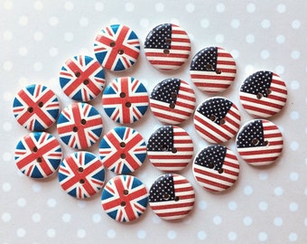 20mm UNION JACK/Stars and Stripes Buttons X 8, Round wooden flag buttons, British flag buttons, USA flag buttons, Button decorations