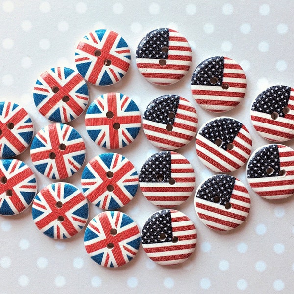 20mm UNION JACK/Stars and Stripes Buttons X 8, Round wooden flag buttons, British flag buttons, USA flag buttons, Button decorations