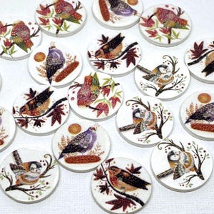 25mm BIRD PRINT WOODEN Buttons X 9