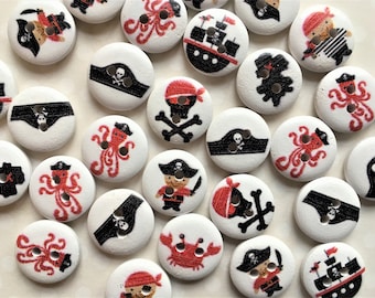 15 mm PIRATE BUTTONS x10, Fun little pirate buttons, Children's buttons, Wooden pirate print buttons, Wooden nautical theme buttons