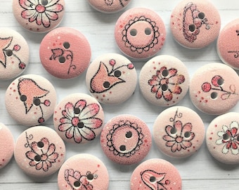 15 mm PINK FLOWER BUTTONS x10, Round soft pink flower design buttons, Pretty wooden floral buttons, Flower buttons, Craft buttons.