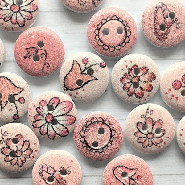 15 mm PINK FLOWER BUTTONS x10, Round soft pink flower design buttons, Pretty wooden floral buttons, Flower buttons, Craft buttons.