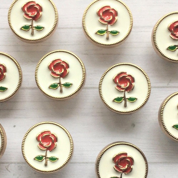 12mm METAL ENAMELLED RED rose design shank buttons, Pretty red rose metal shank buttons. Gold backed enamelled buttons. Shirt/Jacket buttons