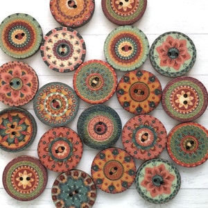 ETHNIC WOODEN BUTTONS 20 mm/15mm x 10, Beautiful bohemian style wooden buttons, Ethnic style buttons, button decor, Vintage style buttons.