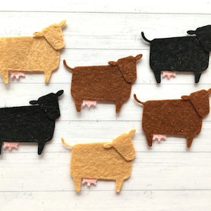 6 mini matrices en feutre vaches découpées, vaches découpées, vaches découpées en feutre, décoration vache, dessus de carte vache.