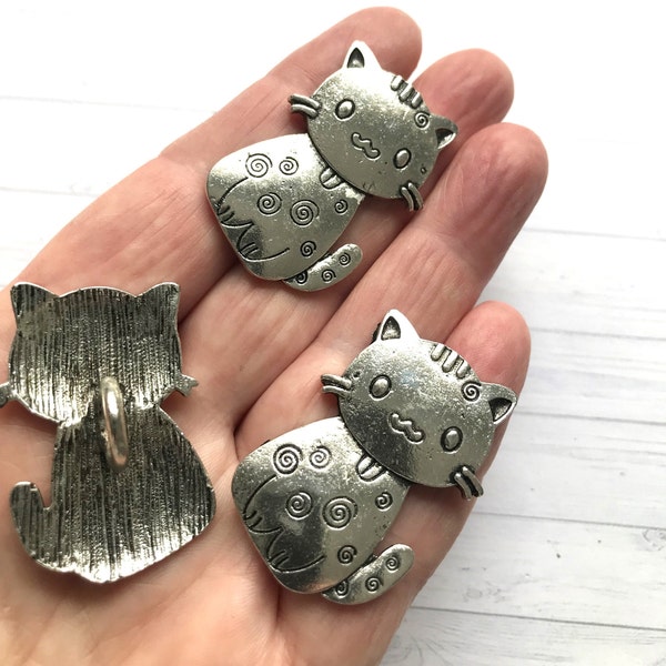 LARGE METAL SILVER Tone cute cat buttons, cat metal buttons, Metal shank cute cat buttons, coat/jacket buttons, jewellery making.