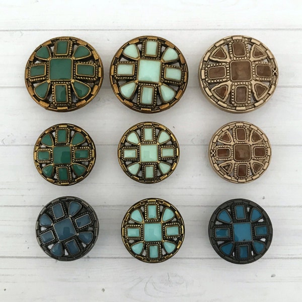 18/23mm METAL ENAMELLED SHANK Buttons, Pretty metal shank buttons. Gold/pewter enamelled buttons.  Coat / jacket buttons.