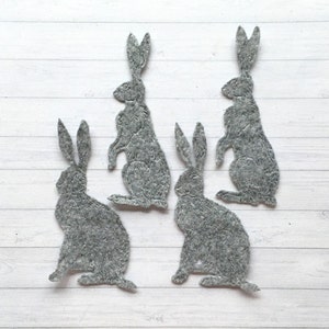 4 lièvres découpés en feutre, lièvres prédécoupés, lièvres acryliques en feutre gris, décoration lièvre, applique lièvre, embellissements lièvre, décorations de cartes lièvre.