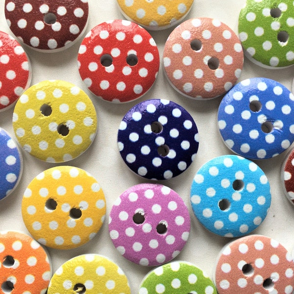 15/11.5 mm ROUND WOODEN BUTTONS x 10, Polka dot buttons, Button embellishments, Button decorations, Wooden spotty buttons, polka dot buttons