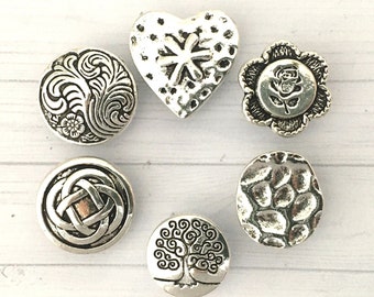 METAL SILVER TONE buttons, Hammered buttons, Heart buttons, Celtic knot buttons, Tree design buttons, Flower design buttons.