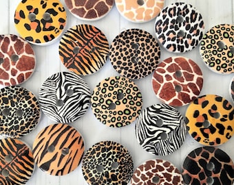 Wooden buttons 15mm and 20mm Mixed animal print