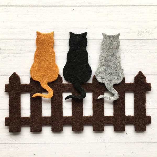 3 x FELT DIE CUT little cats and picket fence, cat die cuts, black/grey/ginger felt cats, Cat decoration, Cat card toppers. Cat applique.