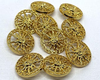 Sun design metal shank buttons in rich gold 23mm