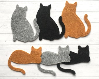 6 x FELT DIE CUT Cats, cat die cuts, black/grey/ginger felt cats, Cat decoration, Cat card toppers. Cat applique.