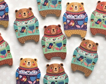 6 x BEARS in JUMPERS WOODEN Buttons, Wooden bear buttons, Cute wooden bears in jumpers, Children's buttons. Animal buttons.