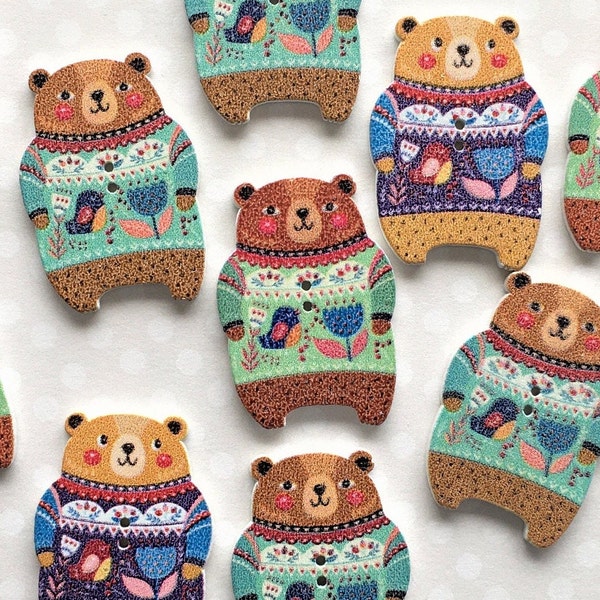 6 x BEARS in JUMPERS WOODEN Buttons, Wooden bear buttons, Cute wooden bears in jumpers, Children's buttons. Animal buttons.