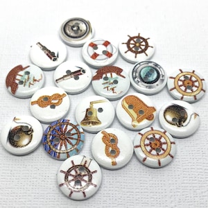 Wooden nautical print buttons 15mm (pack of 10)