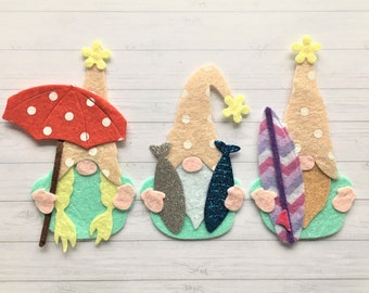 3 x SUMMER VACATION GNOMES Felt Die Cuts, Holiday gnomes, Gnome die cuts, Summer Gnome felt die cuts, cute gnome die cuts.