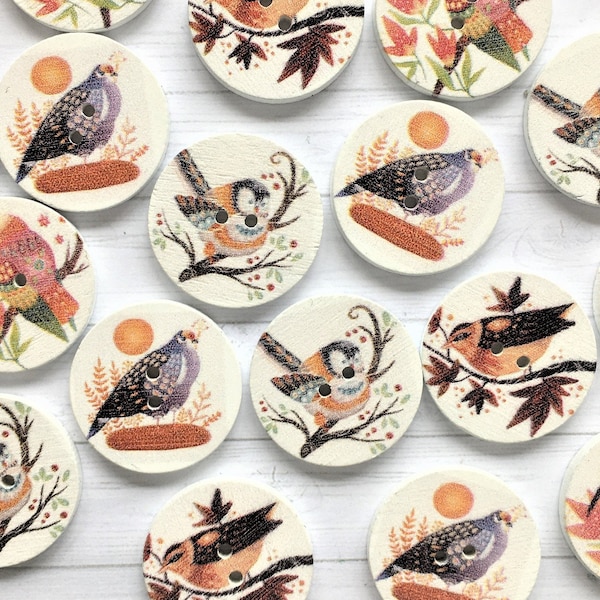 25mm BIRD PRINT WOODEN Buttons X 9, Pretty 25mm bird buttons, bird buttons, bird embellishments, bird decorations, Wooden birds.