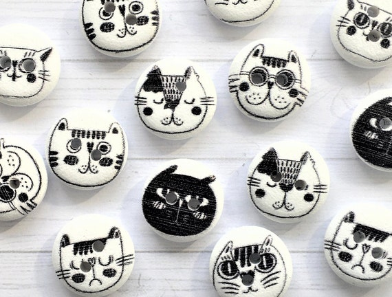Black and White Cat Head Buttons Black and White Cat Head Buttons