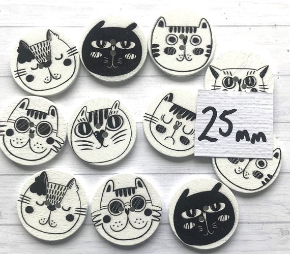 Black and White Cat Head Buttons Black and White Cat Head Buttons