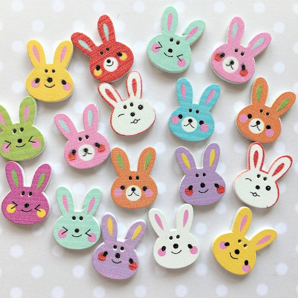 9 x BUNNY FACE WOODEN Buttons, Cute bunny rabbit face buttons, Cute rabbit face buttons, Children's buttons. Animal buttons.