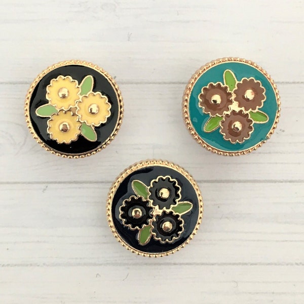 18mm METAL ENAMELLED SHANK Buttons, Pretty metal shank buttons. Gold backed enamelled buttons. Flower buttons, Coat / jacket buttons.